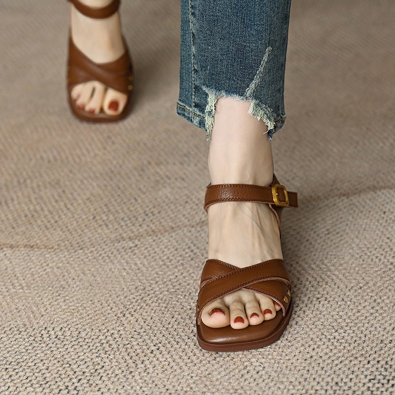 women's French Style Mid Heel Open Toe Sandals - PratSN