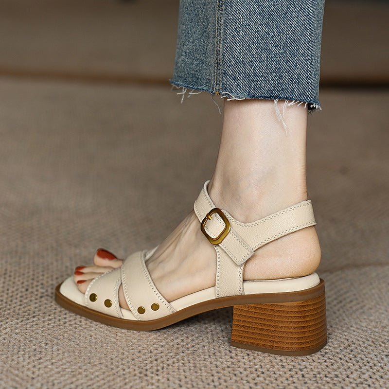 women's French Style Mid Heel Open Toe Sandals - PratSN