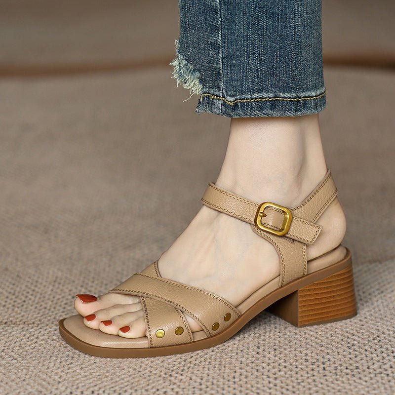 women's French Style Mid Heel Open Toe Sandals - PratSN