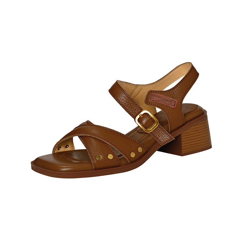 women's French Style Mid Heel Open Toe Sandals - PratSN