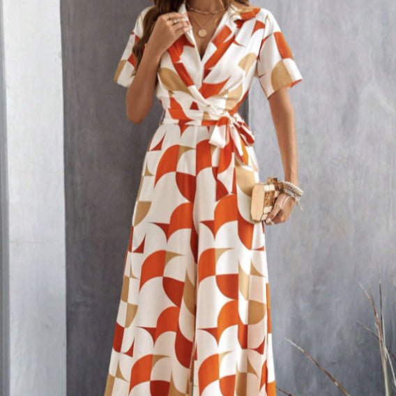 Women's Geometric Pattern Printed Lace Up Shirt Jumpsuit - PratSN