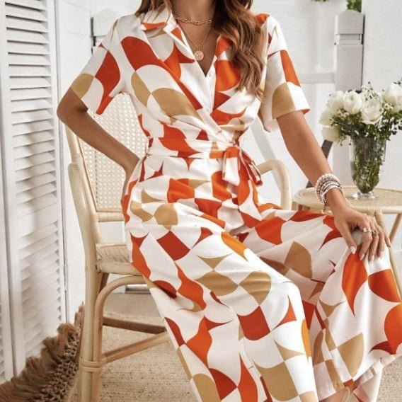 Women's Geometric Pattern Printed Lace Up Shirt Jumpsuit - PratSN