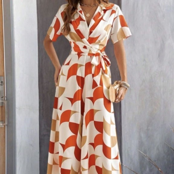 Women's Geometric Pattern Printed Lace Up Shirt Jumpsuit - PratSN