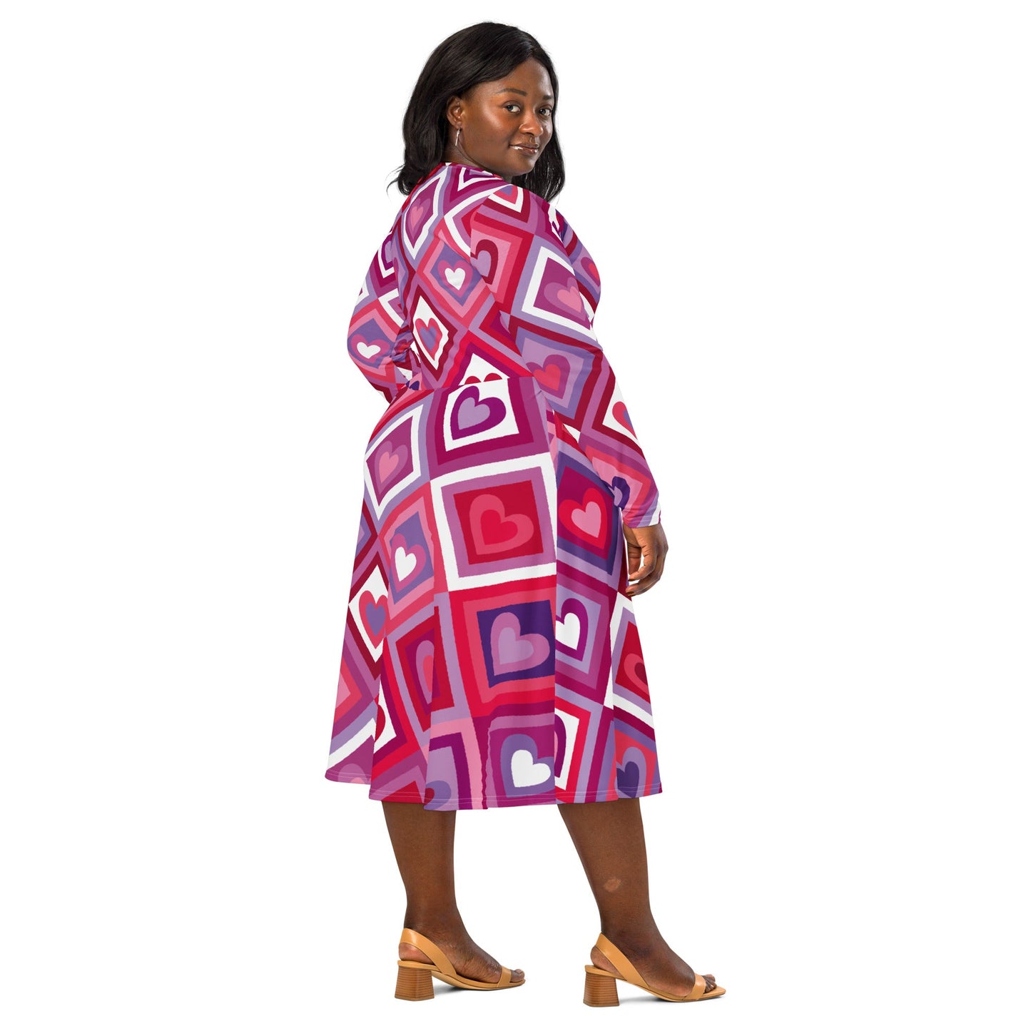 Women's Heart Print Long Sleeve Midi Dress with Pockets | Pink Midi dress for Her - PratSN