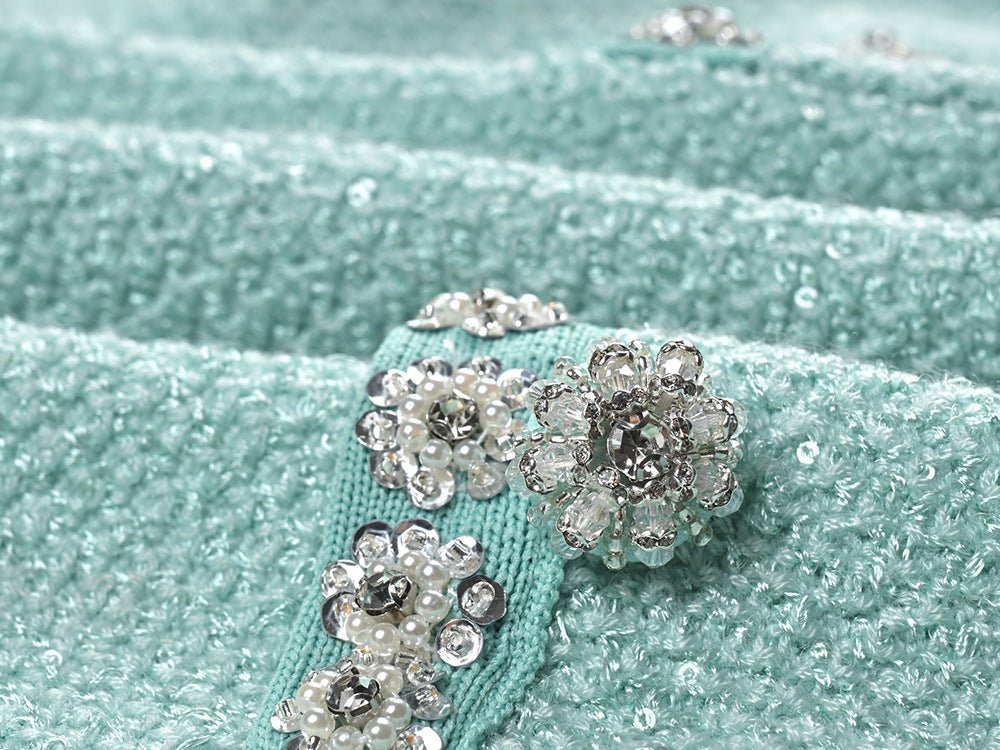 Women's Heavy Handmade Diamond Sequins Single - breasted Ruffles Waist Trimming Knitted Dress - PratSN