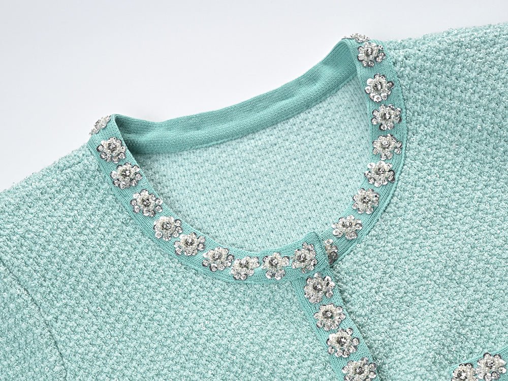 Women's Heavy Handmade Diamond Sequins Single - breasted Ruffles Waist Trimming Knitted Dress - PratSN