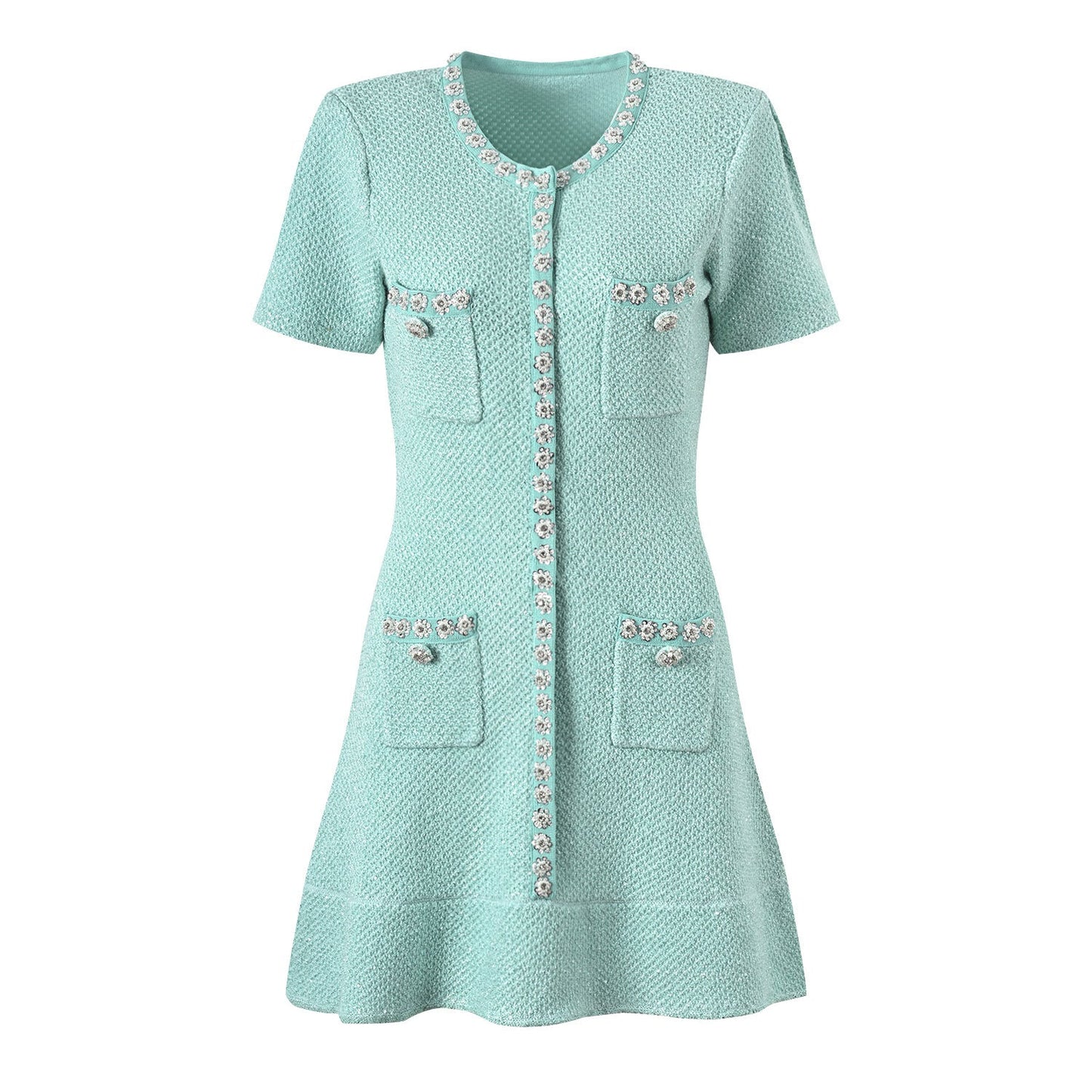 Women's Heavy Handmade Diamond Sequins Single - breasted Ruffles Waist Trimming Knitted Dress - PratSN