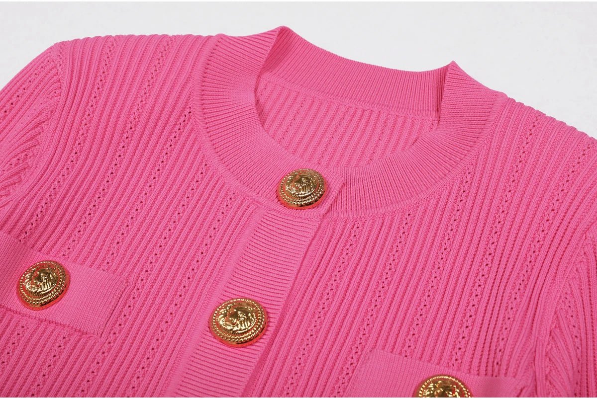 Women's High Quality Elastic Knitted New Round Neck Pocket Long Sleeved Cardigan Slim Fit Curved Short Skirt Casual Women's Set - PratSN