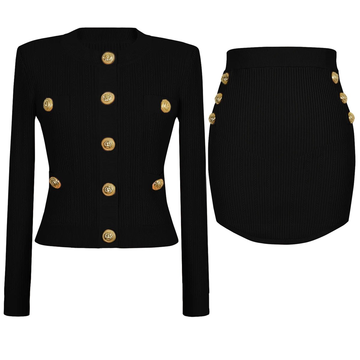 Women's High Quality Elastic Knitted New Round Neck Pocket Long Sleeved Cardigan Slim Fit Curved Short Skirt Casual Women's Set - PratSN