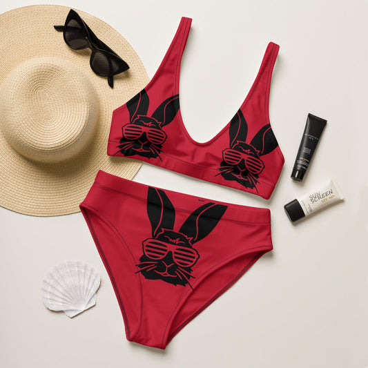 Women's high - waisted bikini, Bunny Pattern, Red Black Two Piece Swimsuits, Tummy control bathing Suit - PratSN