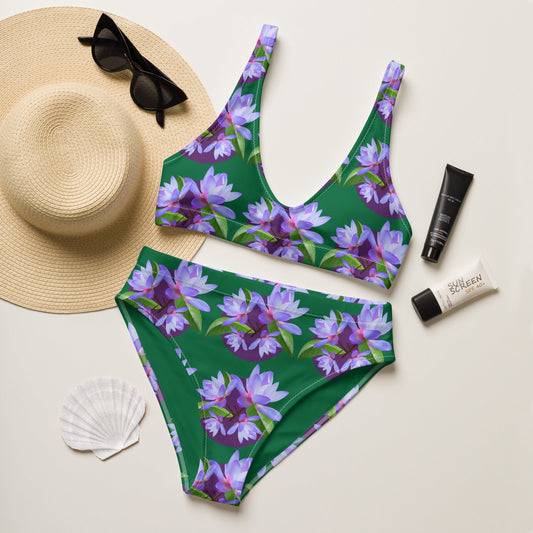Women's high - waisted bikini, Green Purple Floral Two Piece Swimsuits Tummy control bathing Suit - PratSN