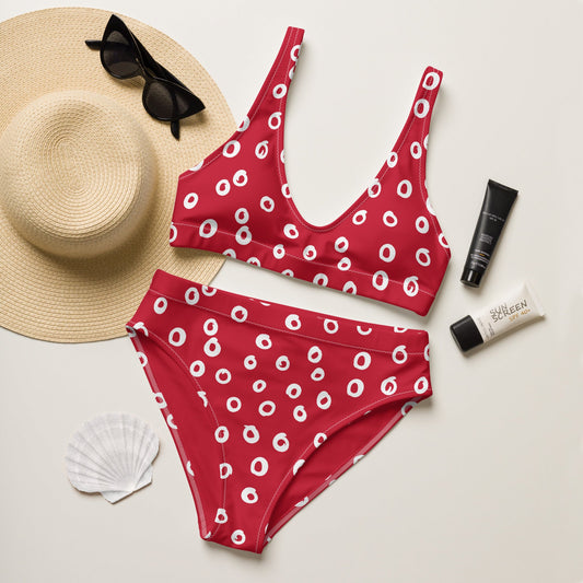 Women's high - waisted bikini, Open Dots, Festive Pattern, Red Two Piece Swimsuits Tummy control bathing Suit - PratSN