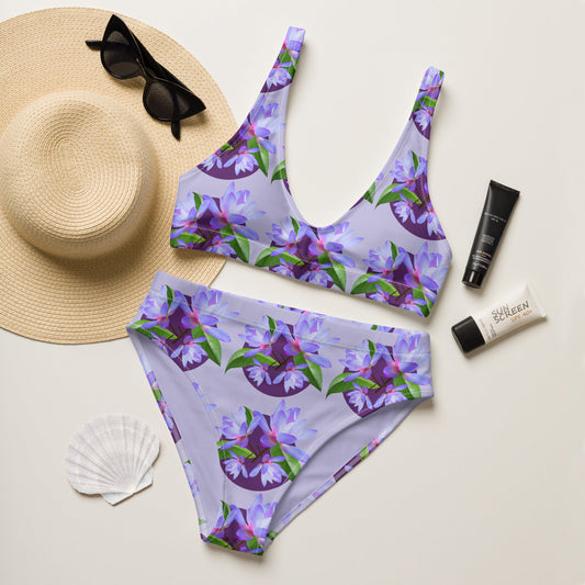 Women's high - waisted bikini, Purple and Melrose Floral Two Piece Swimsuits, Tummy control bathing Suit - PratSN