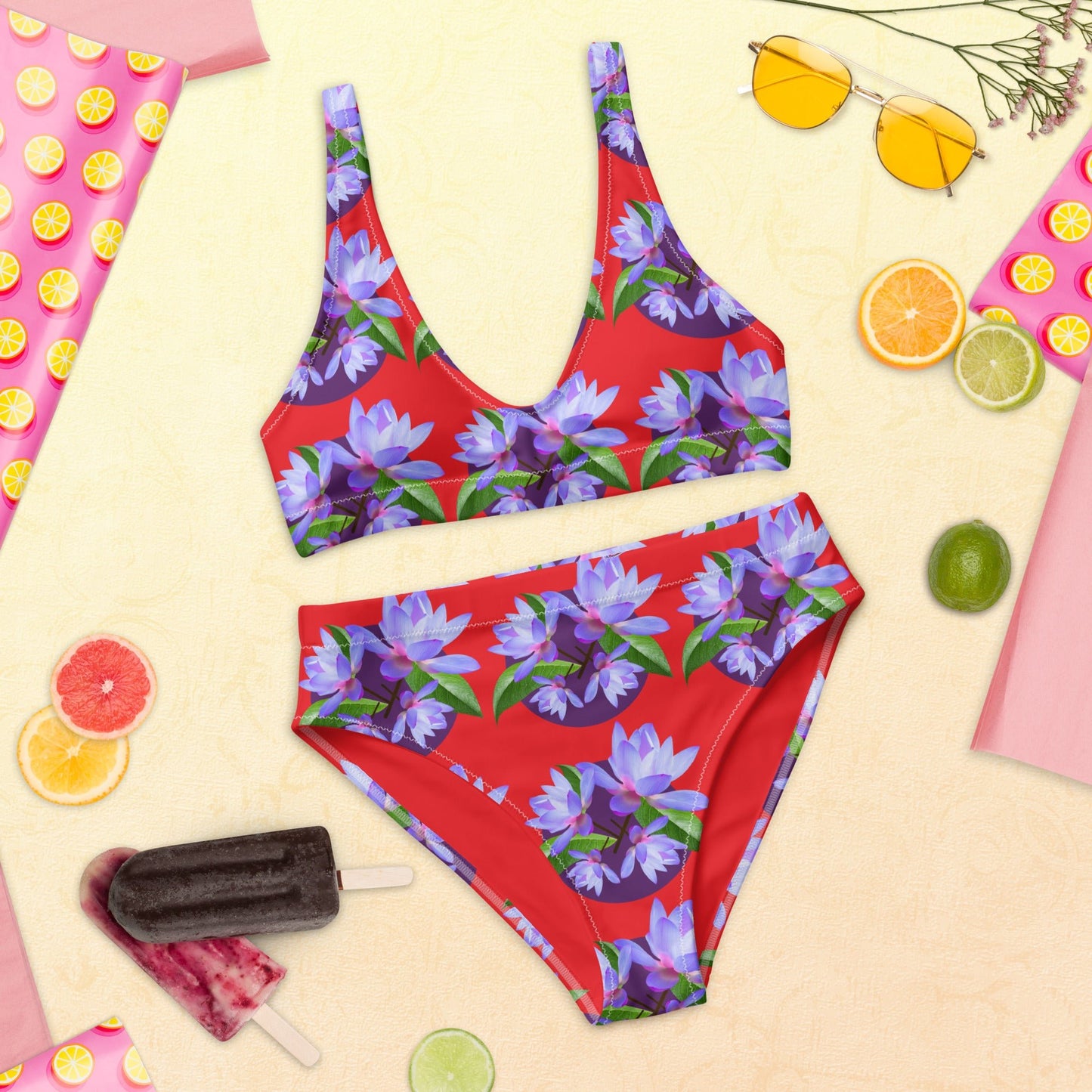 Women's high - waisted bikini, Red Purple Floral Two Piece Swimsuits, Tummy control bathing Suit - PratSN