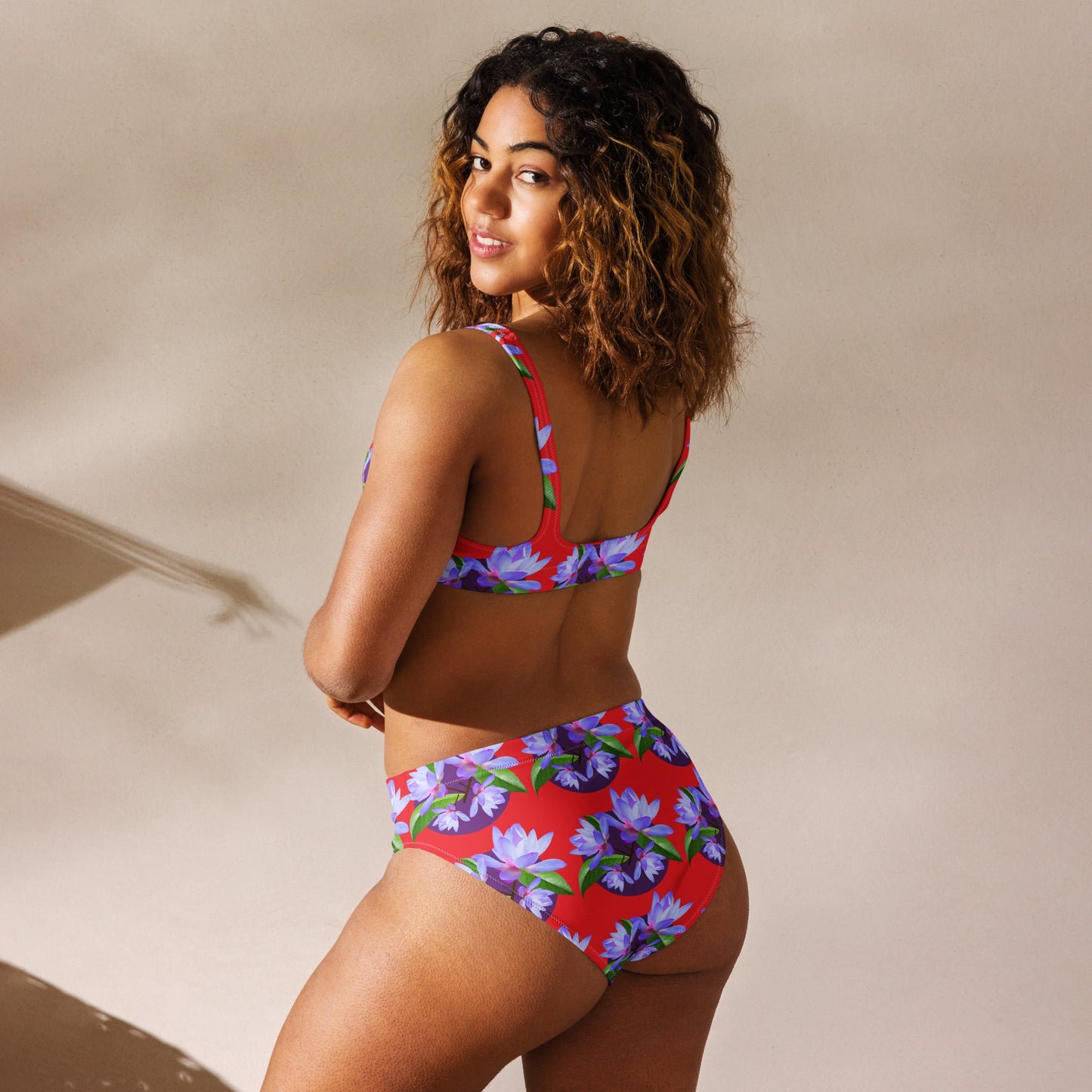 Women's high - waisted bikini, Red Purple Floral Two Piece Swimsuits, Tummy control bathing Suit - PratSN
