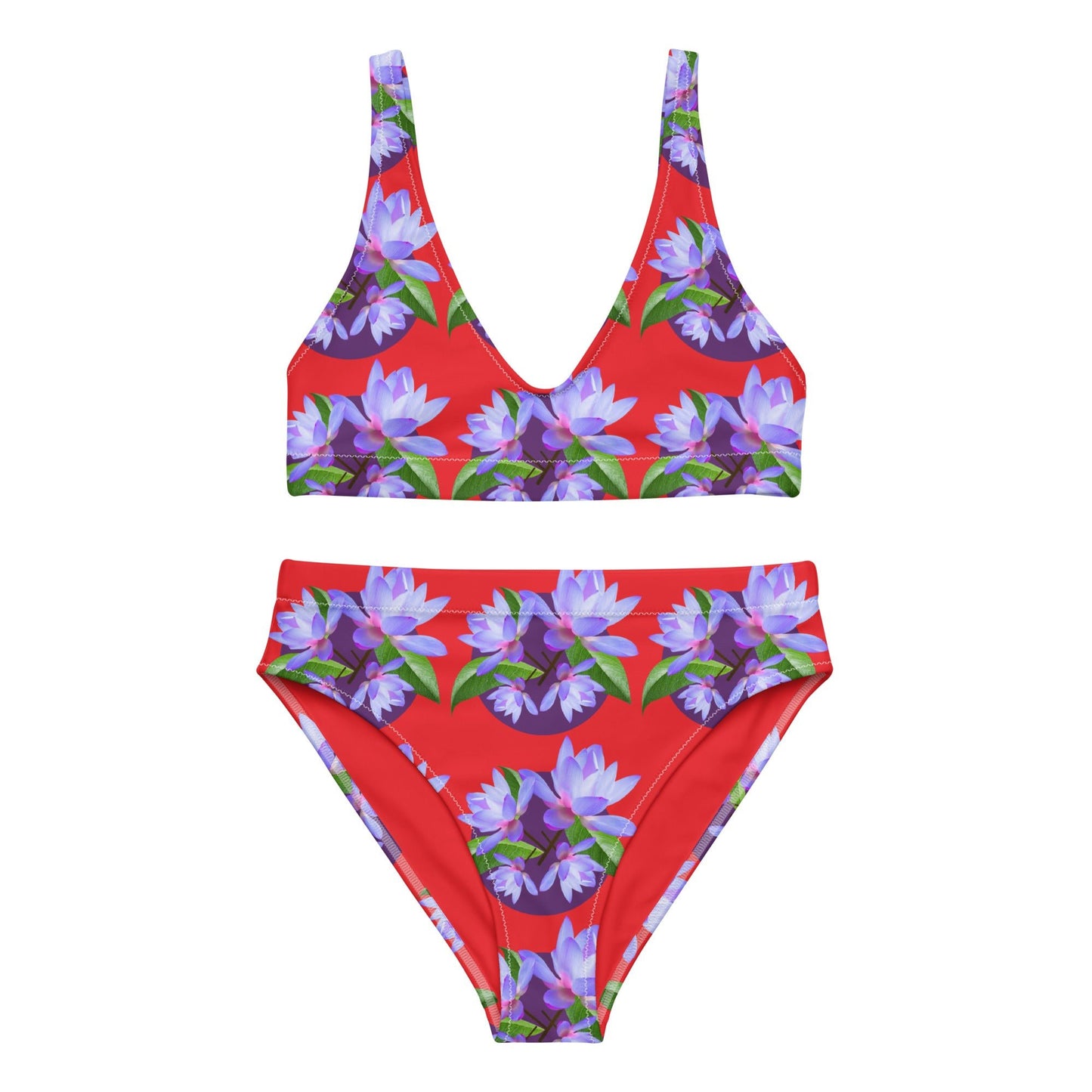 Women's high - waisted bikini, Red Purple Floral Two Piece Swimsuits, Tummy control bathing Suit - PratSN