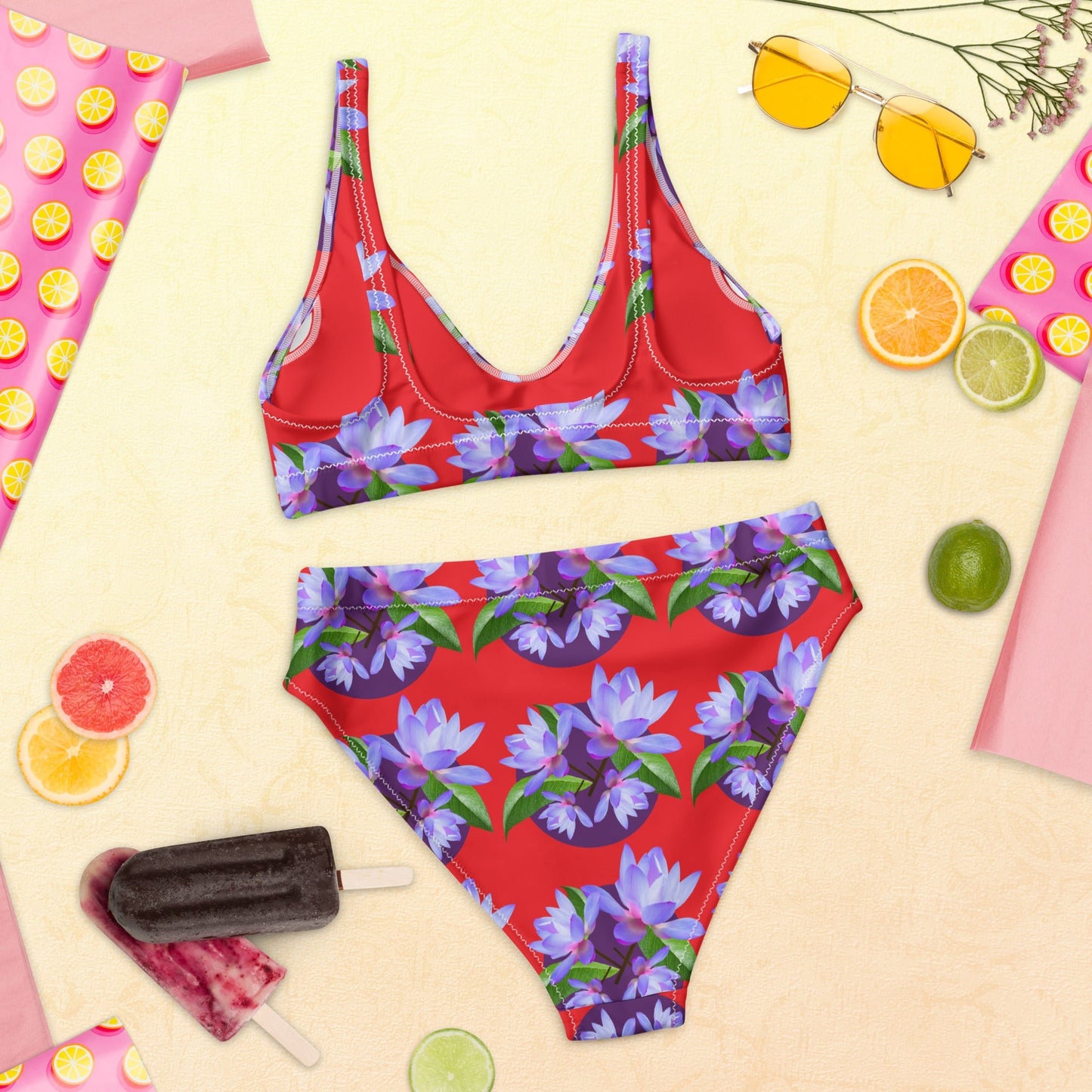 Women's high - waisted bikini, Red Purple Floral Two Piece Swimsuits, Tummy control bathing Suit - PratSN
