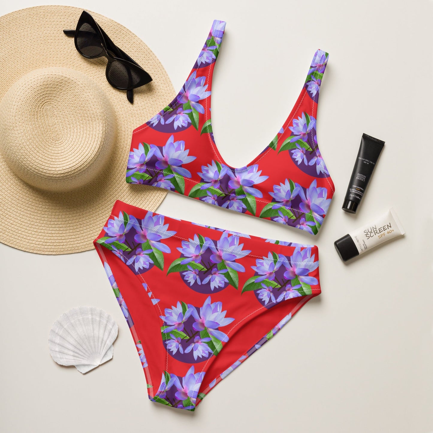 Women's high - waisted bikini, Red Purple Floral Two Piece Swimsuits, Tummy control bathing Suit - PratSN