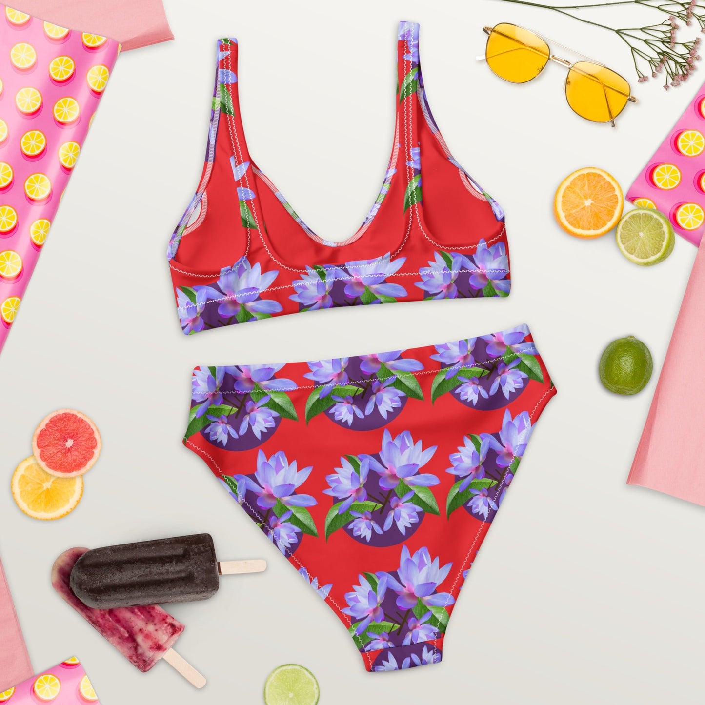 Women's high - waisted bikini, Red Purple Floral Two Piece Swimsuits, Tummy control bathing Suit - PratSN