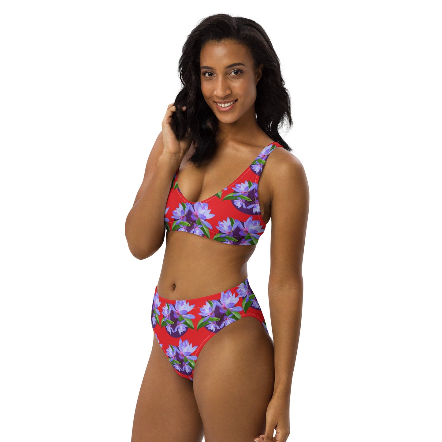 Women's high - waisted bikini, Red Purple Floral Two Piece Swimsuits, Tummy control bathing Suit - PratSN