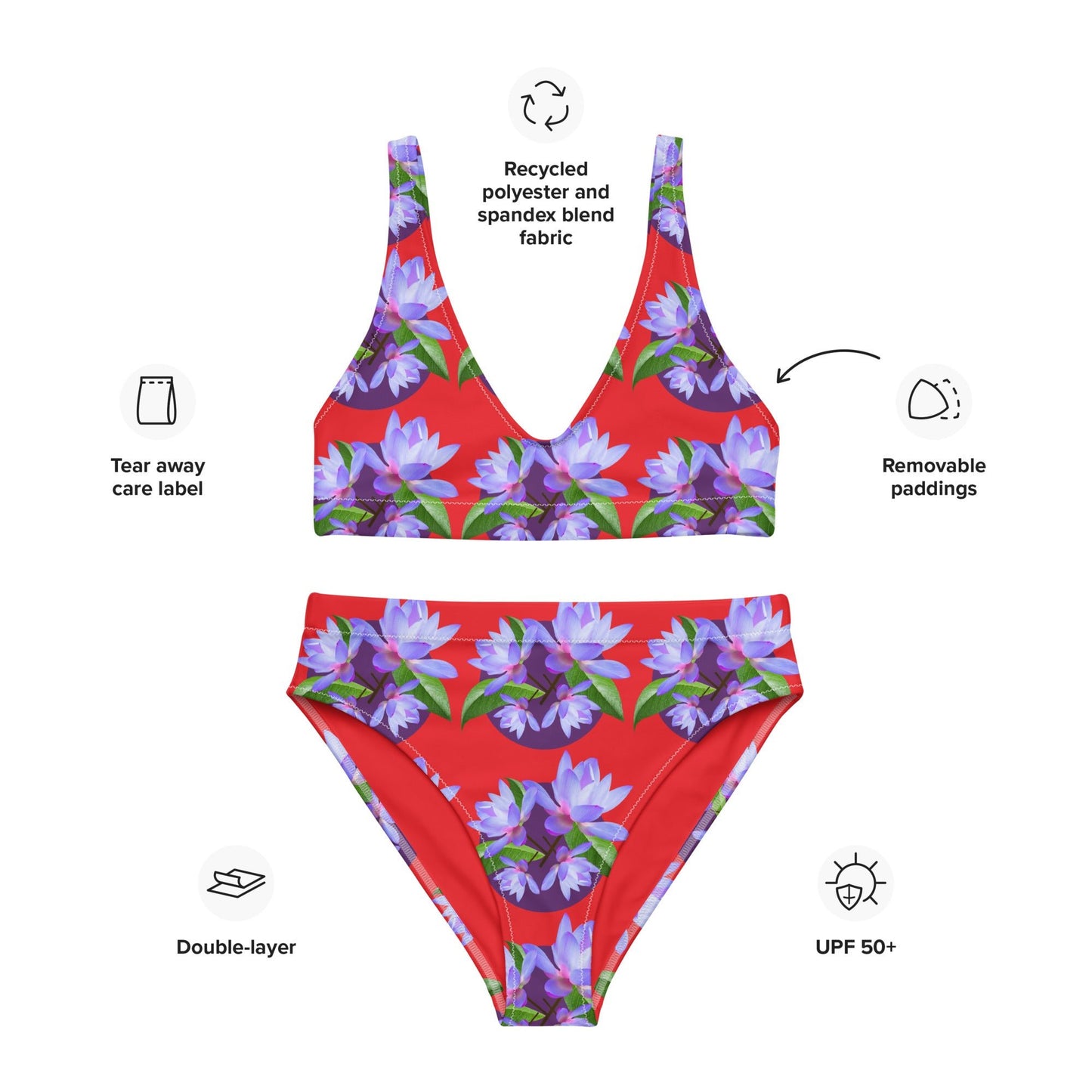 Women's high - waisted bikini, Red Purple Floral Two Piece Swimsuits, Tummy control bathing Suit - PratSN