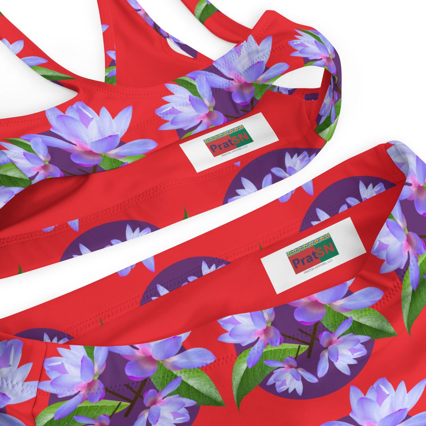 Women's high - waisted bikini, Red Purple Floral Two Piece Swimsuits, Tummy control bathing Suit - PratSN