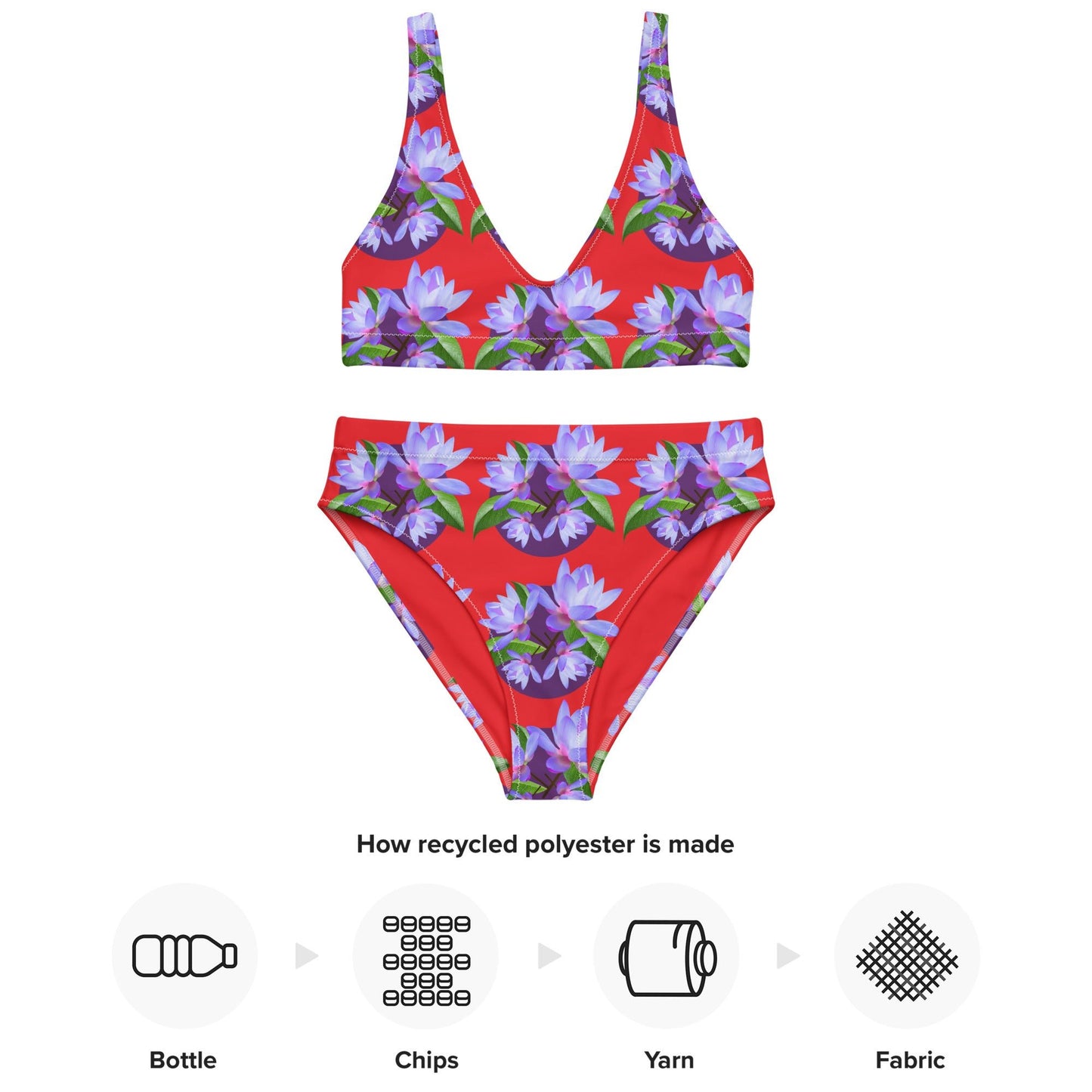 Women's high - waisted bikini, Red Purple Floral Two Piece Swimsuits, Tummy control bathing Suit - PratSN