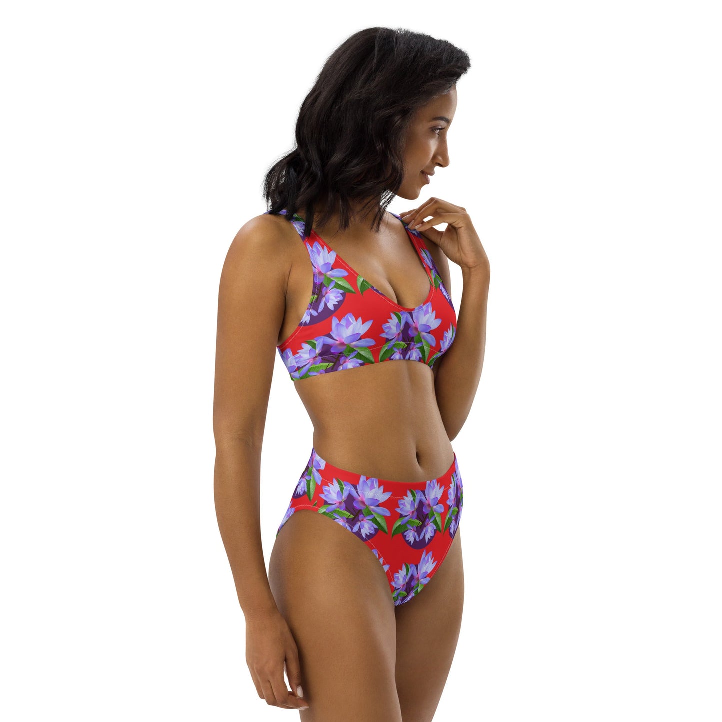 Women's high - waisted bikini, Red Purple Floral Two Piece Swimsuits, Tummy control bathing Suit - PratSN