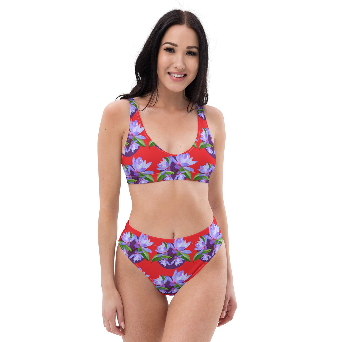 Women's high - waisted bikini, Red Purple Floral Two Piece Swimsuits, Tummy control bathing Suit - PratSN