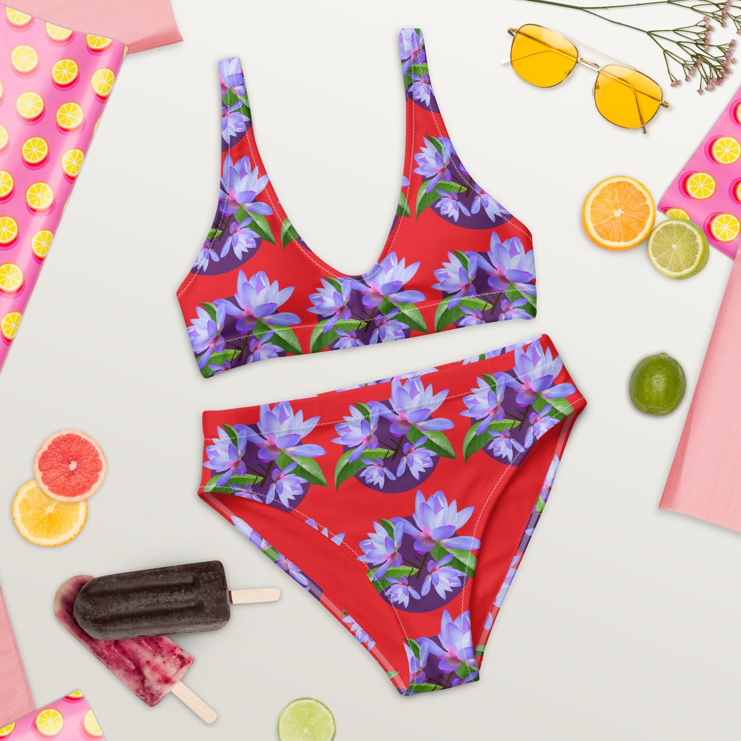 Women's high - waisted bikini, Red Purple Floral Two Piece Swimsuits, Tummy control bathing Suit - PratSN