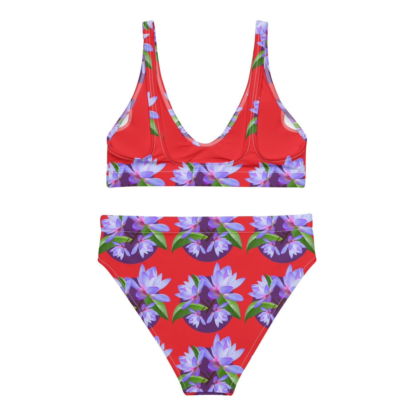 Women's high - waisted bikini, Red Purple Floral Two Piece Swimsuits, Tummy control bathing Suit - PratSN