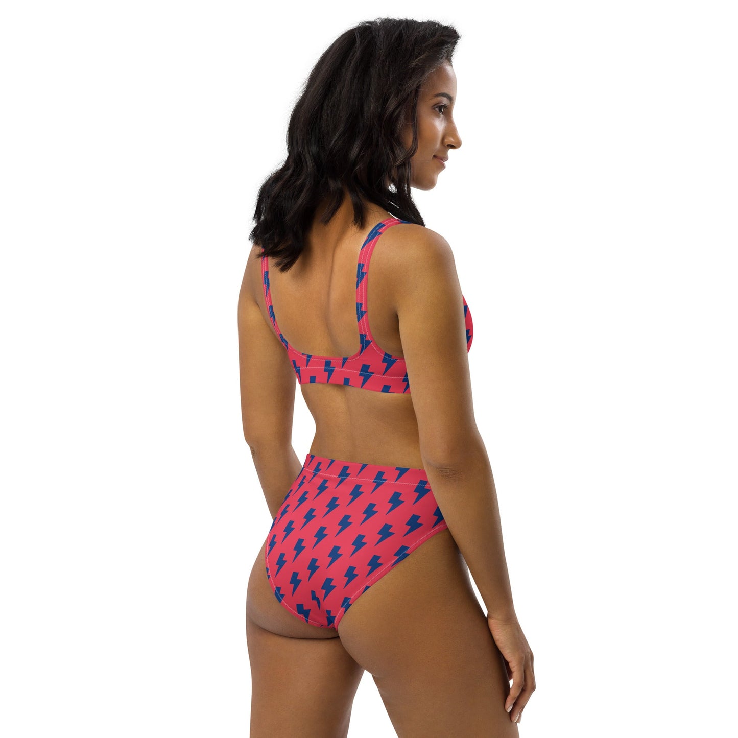 Women's high - waisted bikini, Redical Red Dark Blue Two Piece Swimsuits Lightning Pattern Tummy control bathing Suit - PratSN