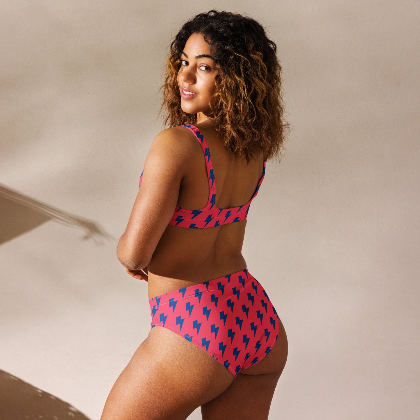 Women's high - waisted bikini, Redical Red Dark Blue Two Piece Swimsuits Lightning Pattern Tummy control bathing Suit - PratSN