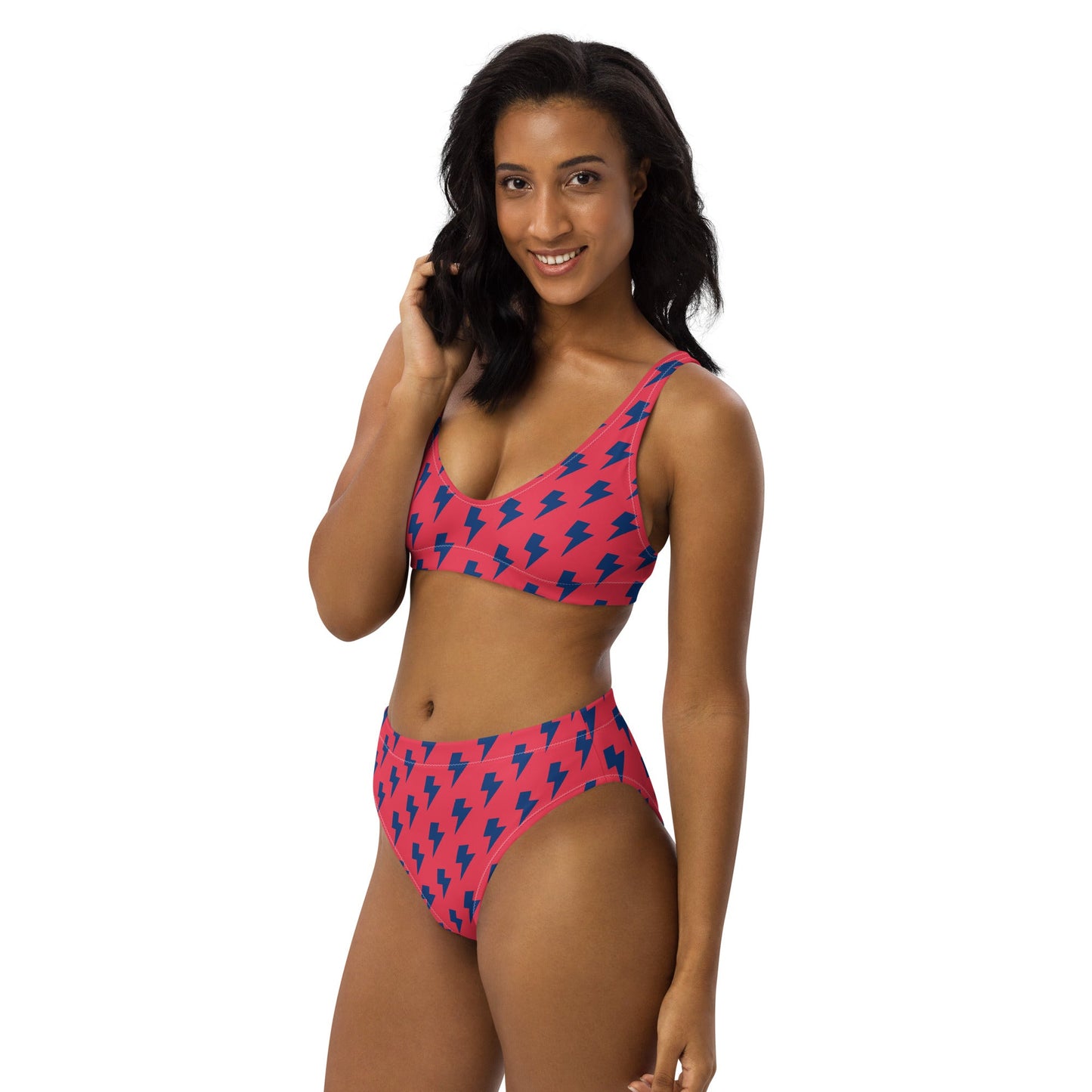 Women's high - waisted bikini, Redical Red Dark Blue Two Piece Swimsuits Lightning Pattern Tummy control bathing Suit - PratSN