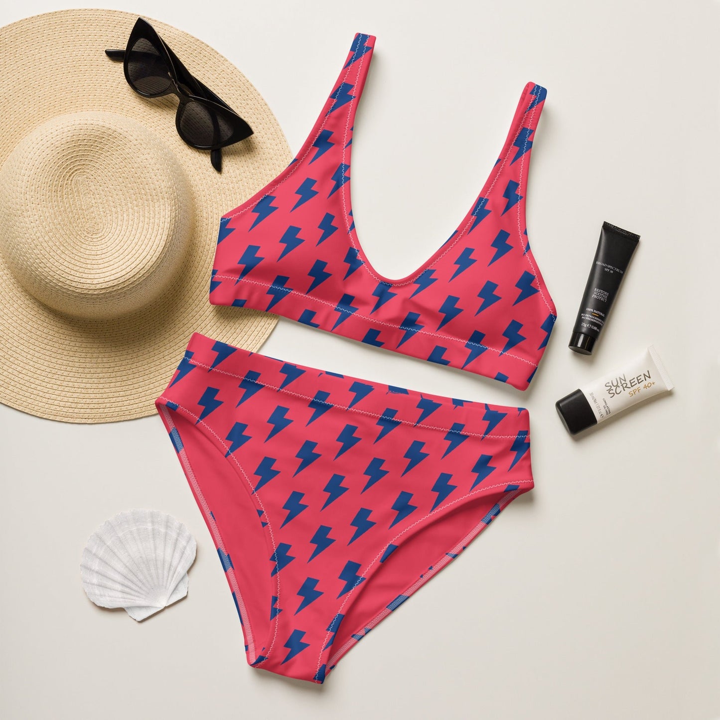 Women's high - waisted bikini, Redical Red Dark Blue Two Piece Swimsuits Lightning Pattern Tummy control bathing Suit - PratSN