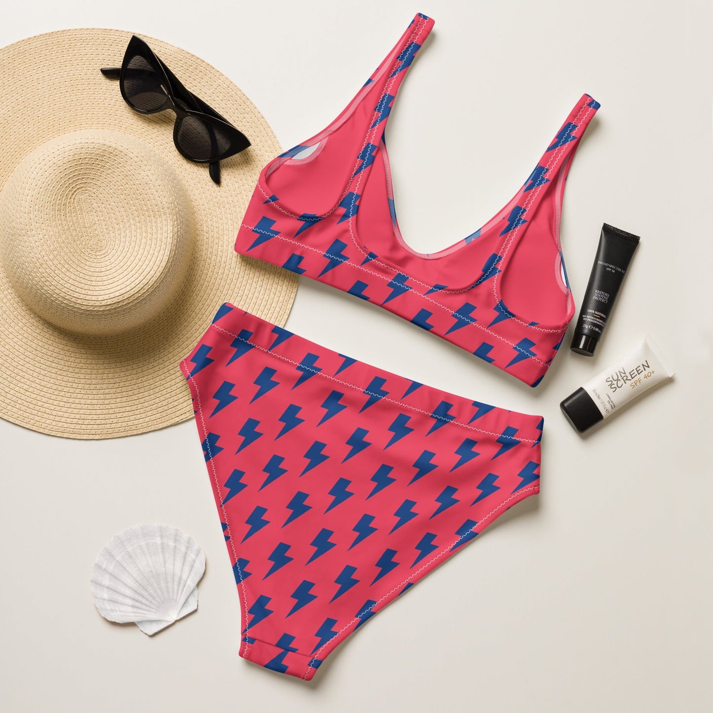 Women's high - waisted bikini, Redical Red Dark Blue Two Piece Swimsuits Lightning Pattern Tummy control bathing Suit - PratSN