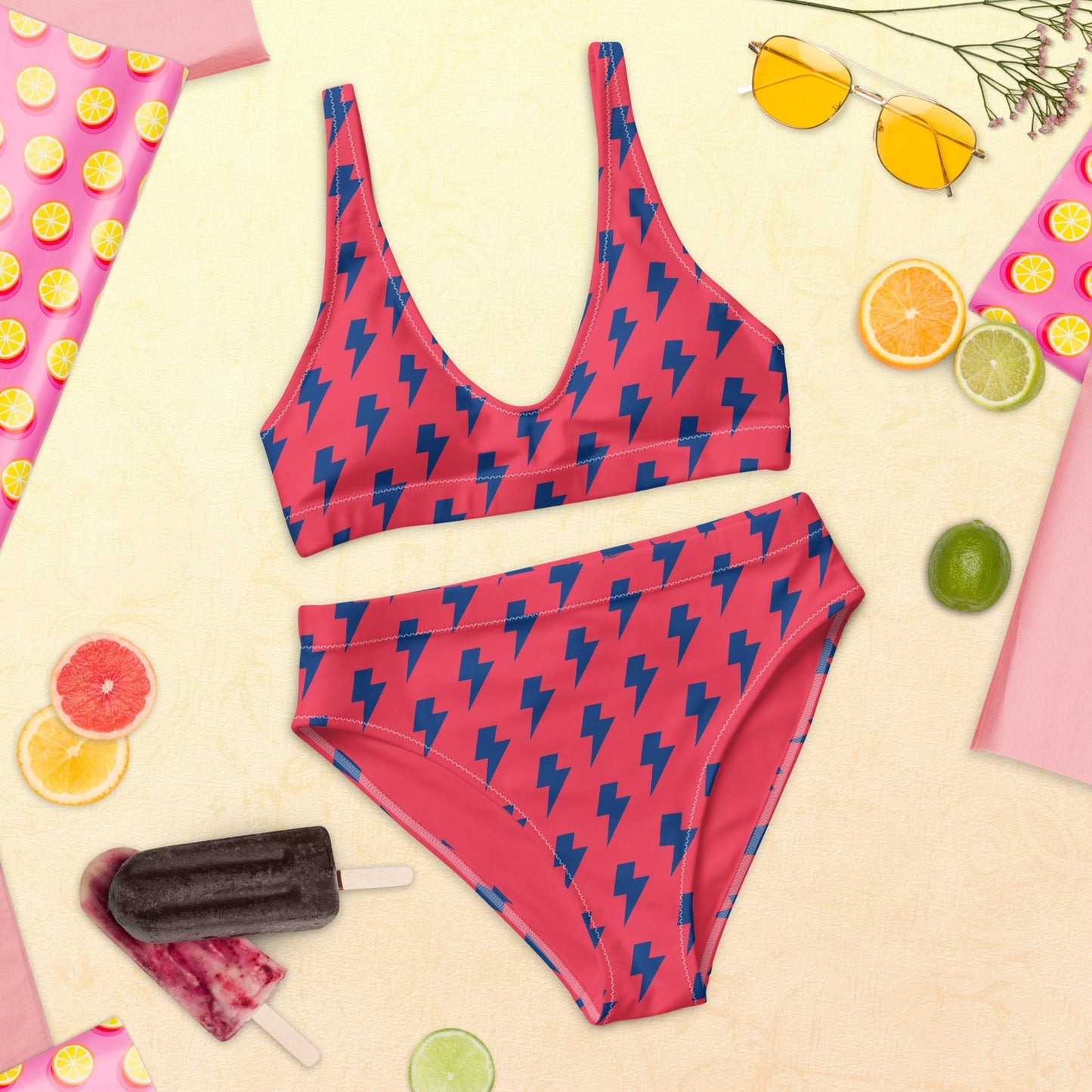 Women's high - waisted bikini, Redical Red Dark Blue Two Piece Swimsuits Lightning Pattern Tummy control bathing Suit - PratSN