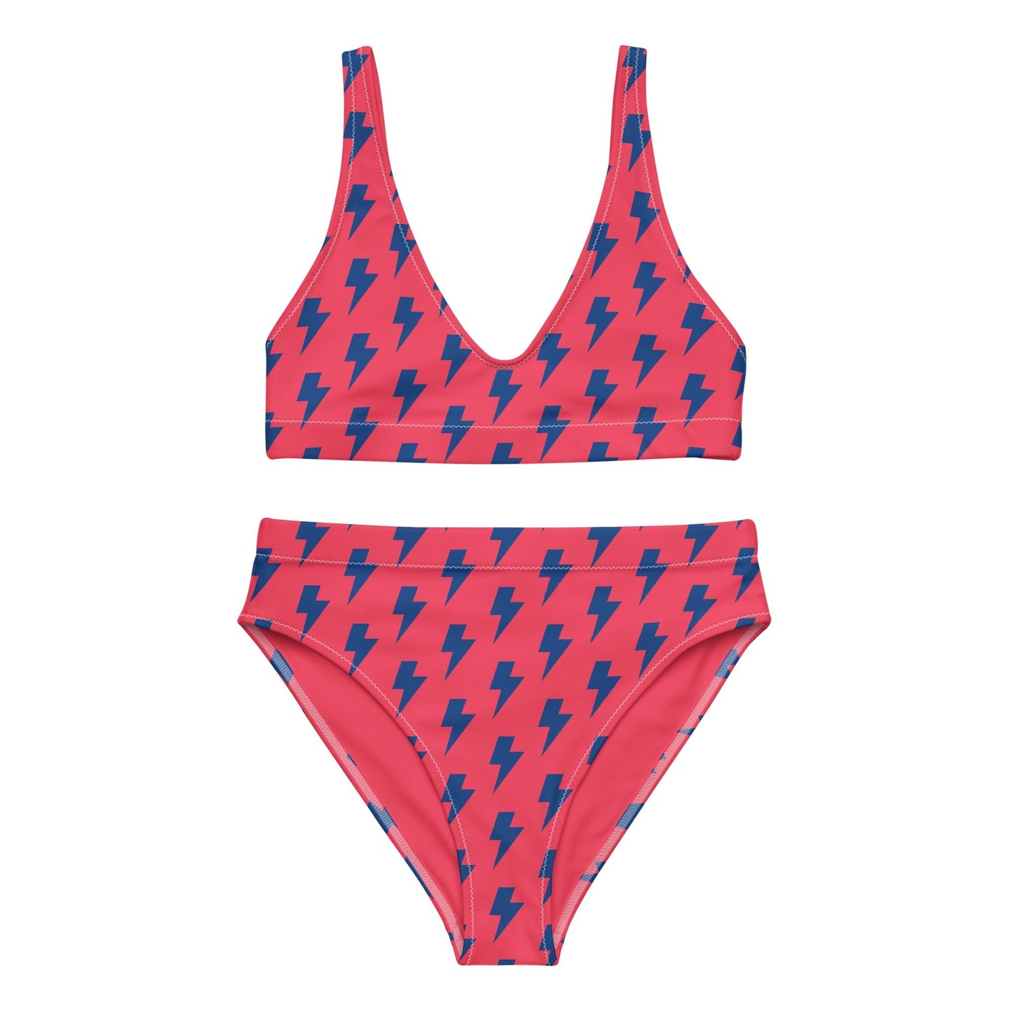 Women's high - waisted bikini, Redical Red Dark Blue Two Piece Swimsuits Lightning Pattern Tummy control bathing Suit - PratSN
