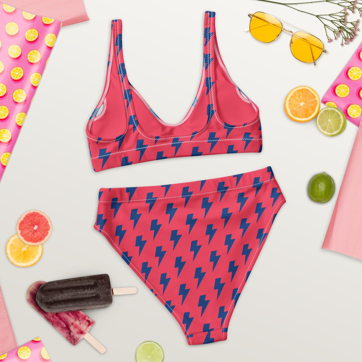 Women's high - waisted bikini, Redical Red Dark Blue Two Piece Swimsuits Lightning Pattern Tummy control bathing Suit - PratSN