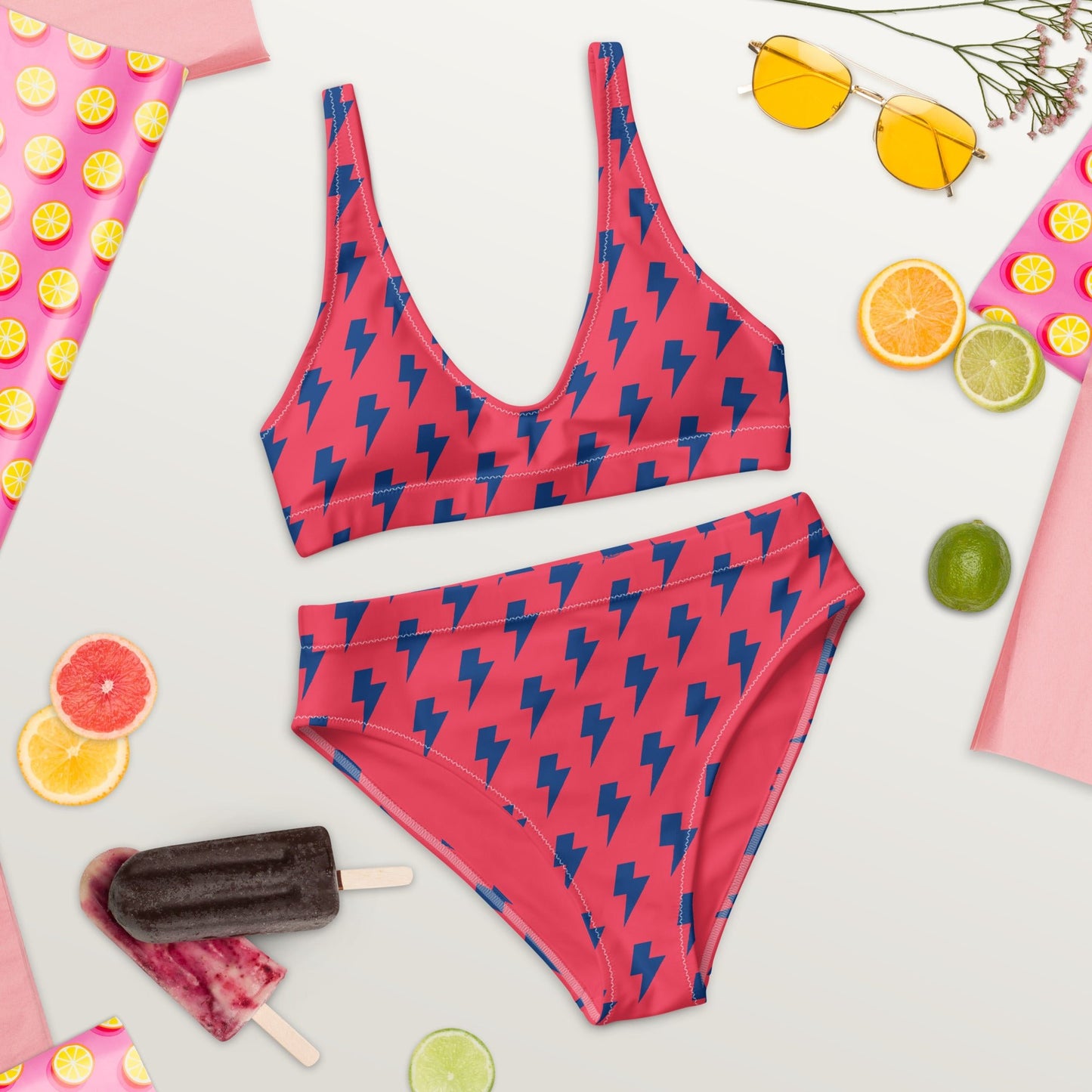 Women's high - waisted bikini, Redical Red Dark Blue Two Piece Swimsuits Lightning Pattern Tummy control bathing Suit - PratSN
