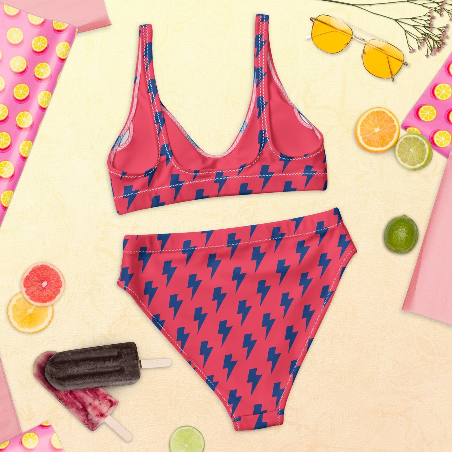 Women's high - waisted bikini, Redical Red Dark Blue Two Piece Swimsuits Lightning Pattern Tummy control bathing Suit - PratSN