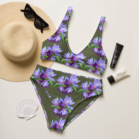 Women's high - waisted bikini, Saratoga Green and Purple Floral Two Piece Swimsuits, Tummy control bathing Suit - PratSN