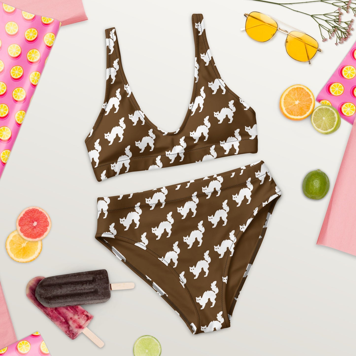 Women's high - waisted bikini Set White Cat Pattern Brown Two Piece Swimsuit Bathing Suit tummy control Bathing Suit - PratSN