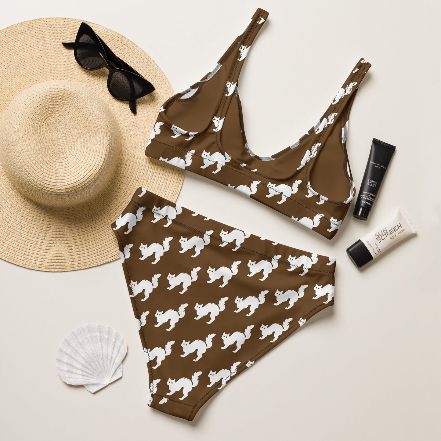 Women's high - waisted bikini Set White Cat Pattern Brown Two Piece Swimsuit Bathing Suit tummy control Bathing Suit - PratSN