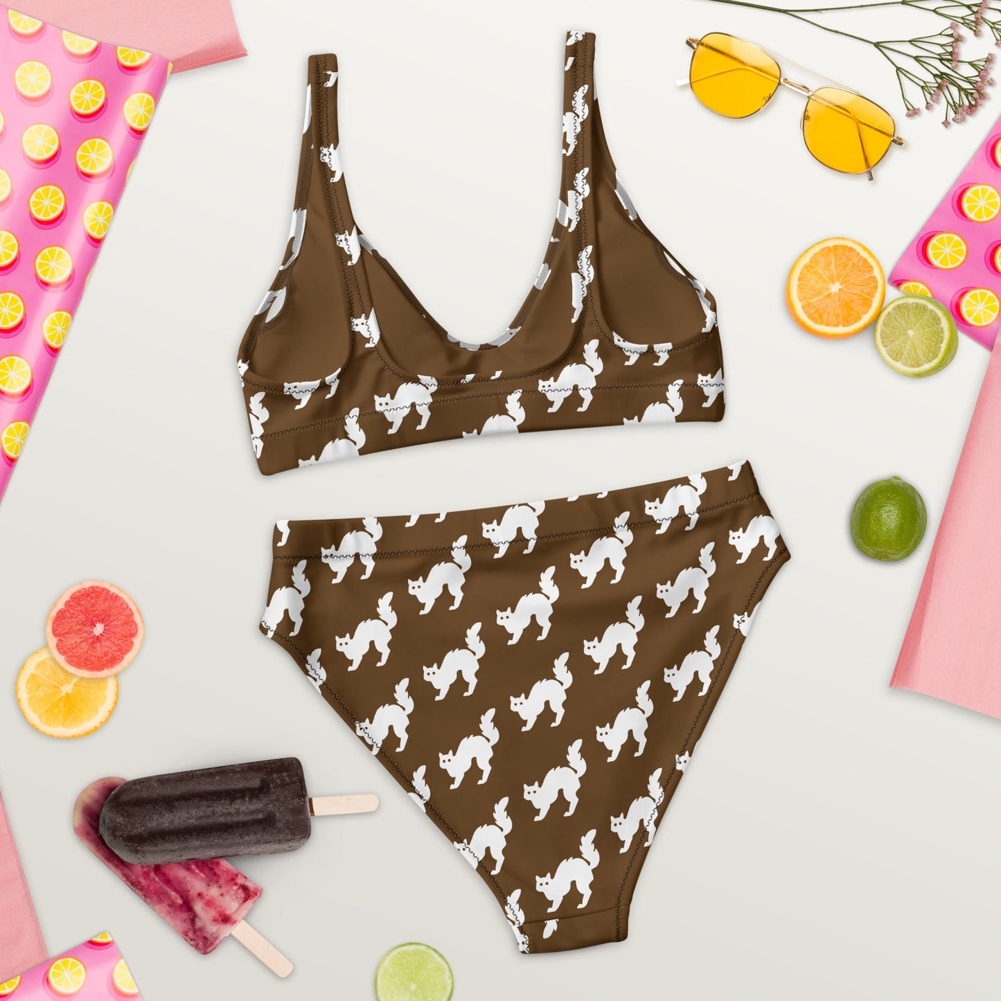 Women's high - waisted bikini Set White Cat Pattern Brown Two Piece Swimsuit Bathing Suit tummy control Bathing Suit - PratSN