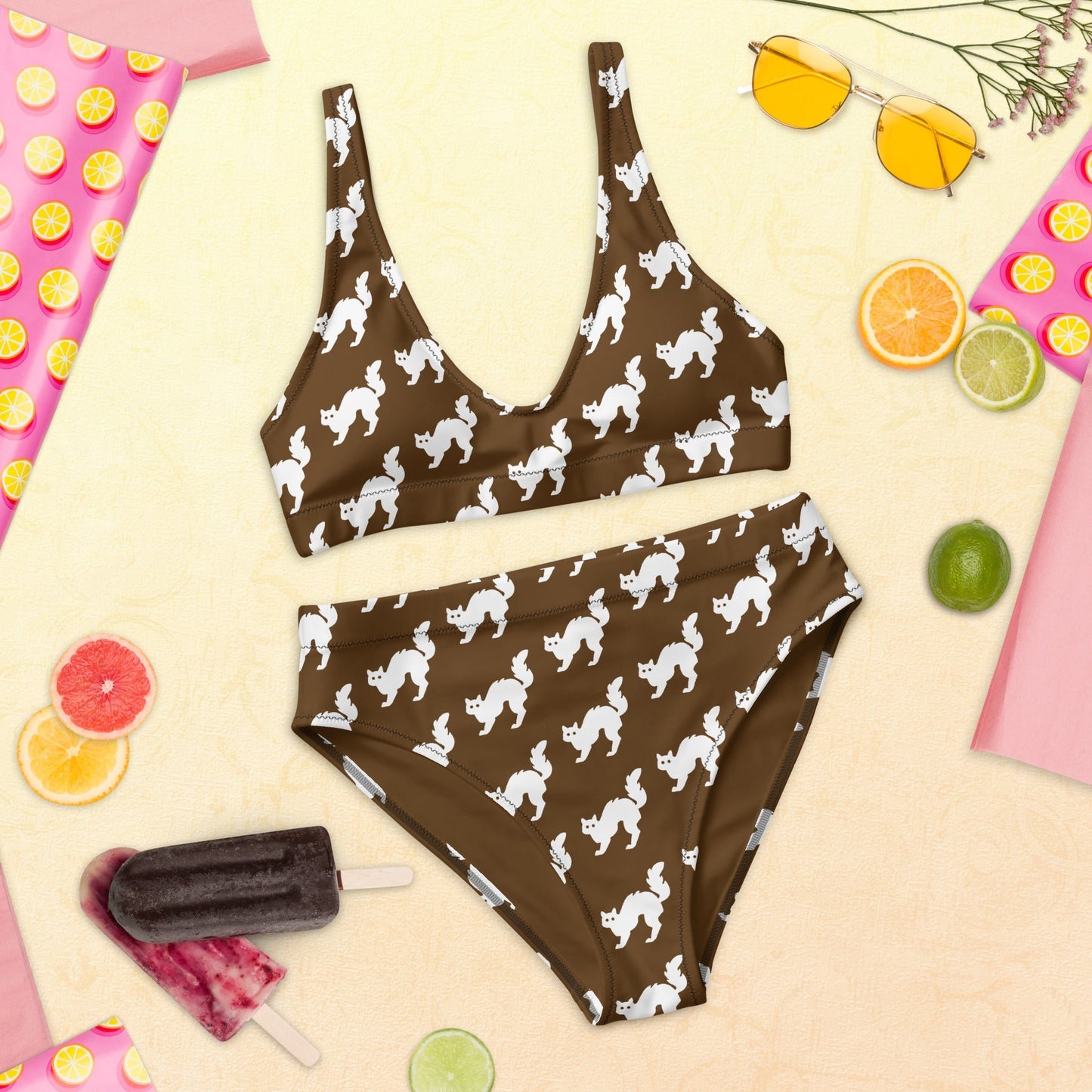 Women's high - waisted bikini Set White Cat Pattern Brown Two Piece Swimsuit Bathing Suit tummy control Bathing Suit - PratSN