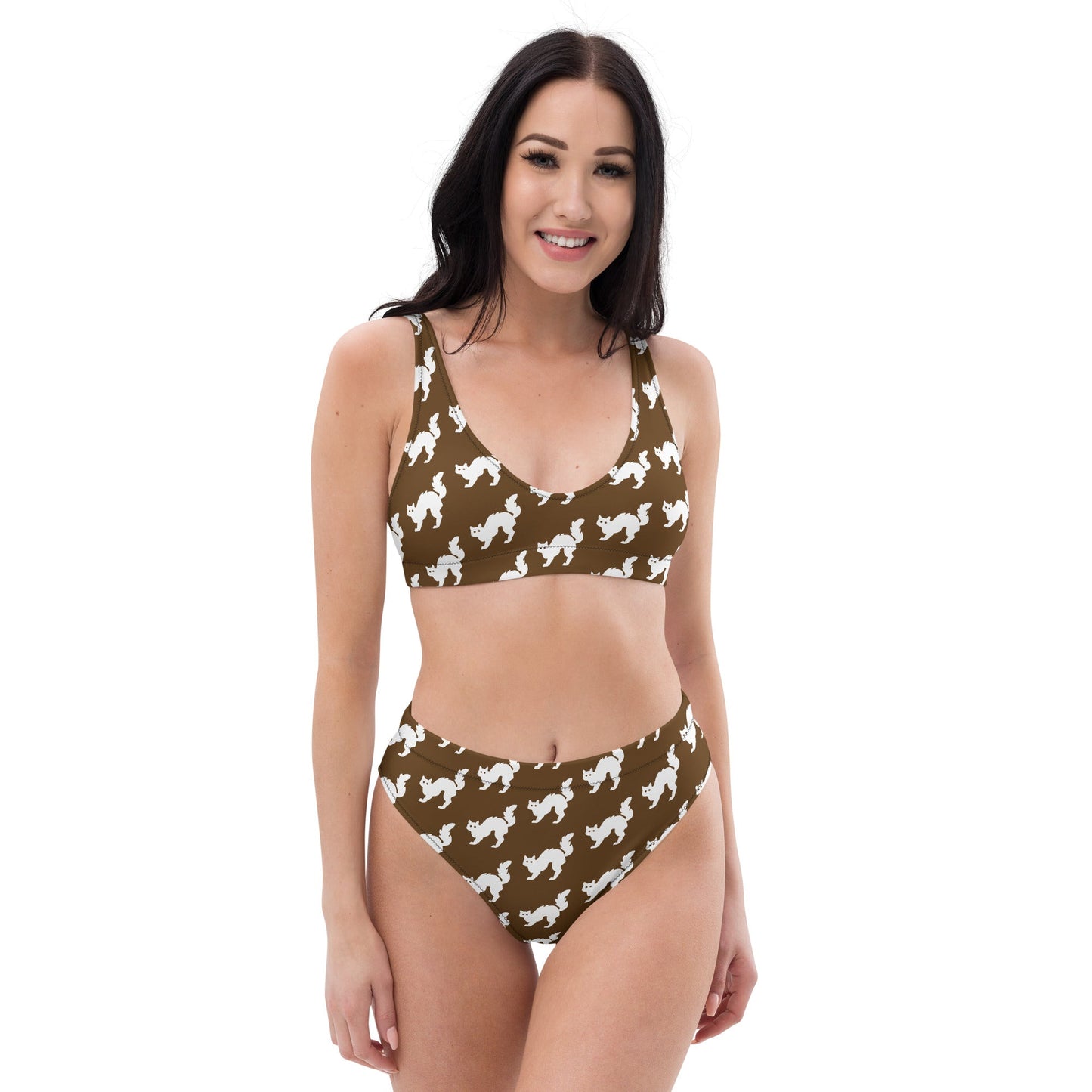 Women's high - waisted bikini Set White Cat Pattern Brown Two Piece Swimsuit Bathing Suit tummy control Bathing Suit - PratSN
