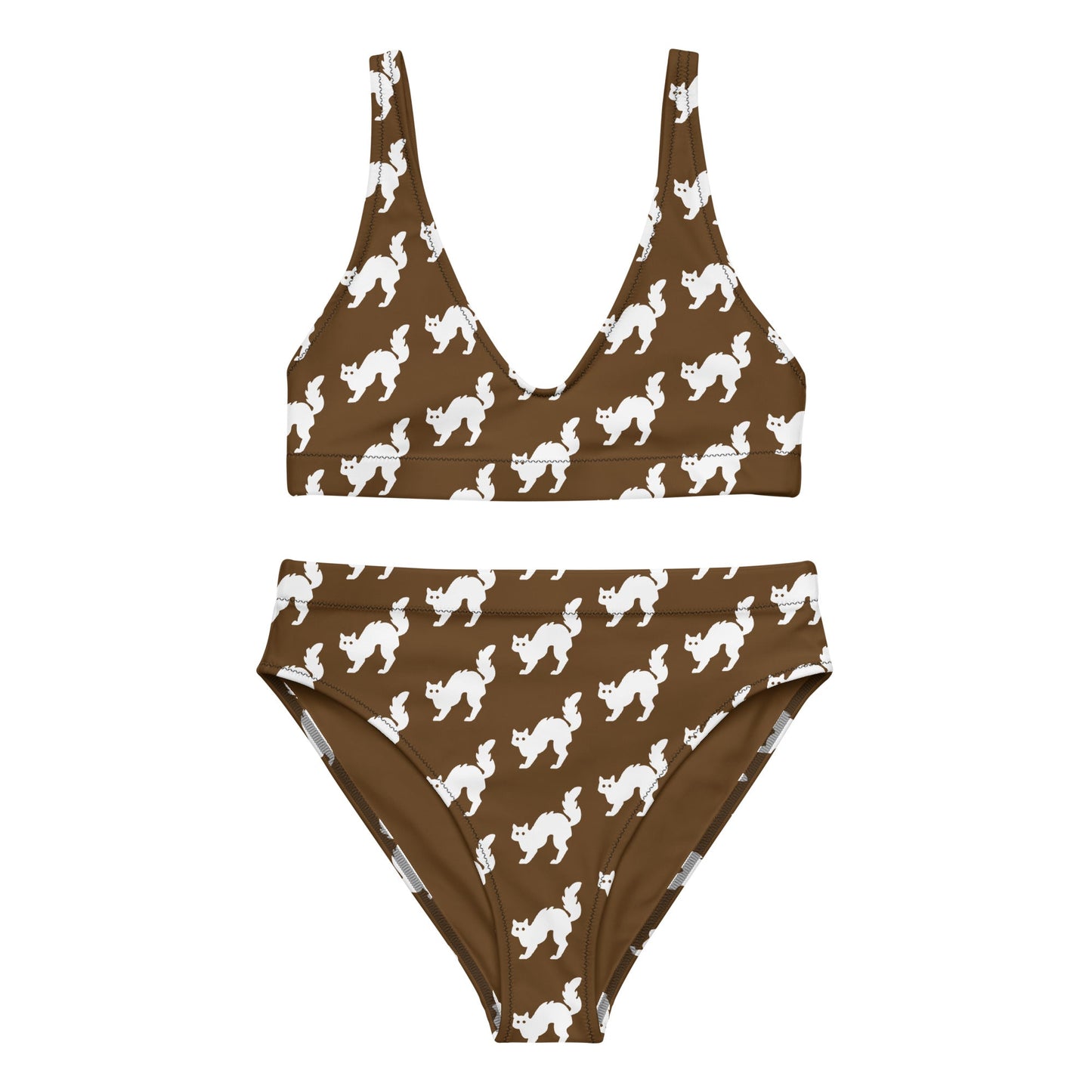 Women's high - waisted bikini Set White Cat Pattern Brown Two Piece Swimsuit Bathing Suit tummy control Bathing Suit - PratSN