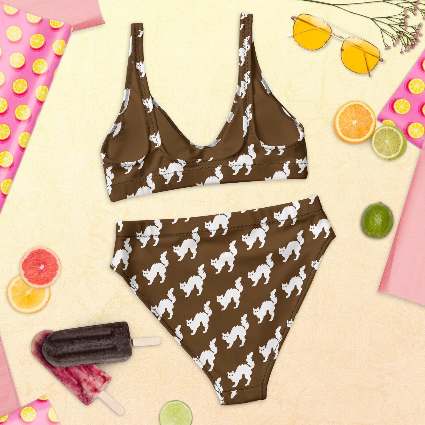 Women's high - waisted bikini Set White Cat Pattern Brown Two Piece Swimsuit Bathing Suit tummy control Bathing Suit - PratSN