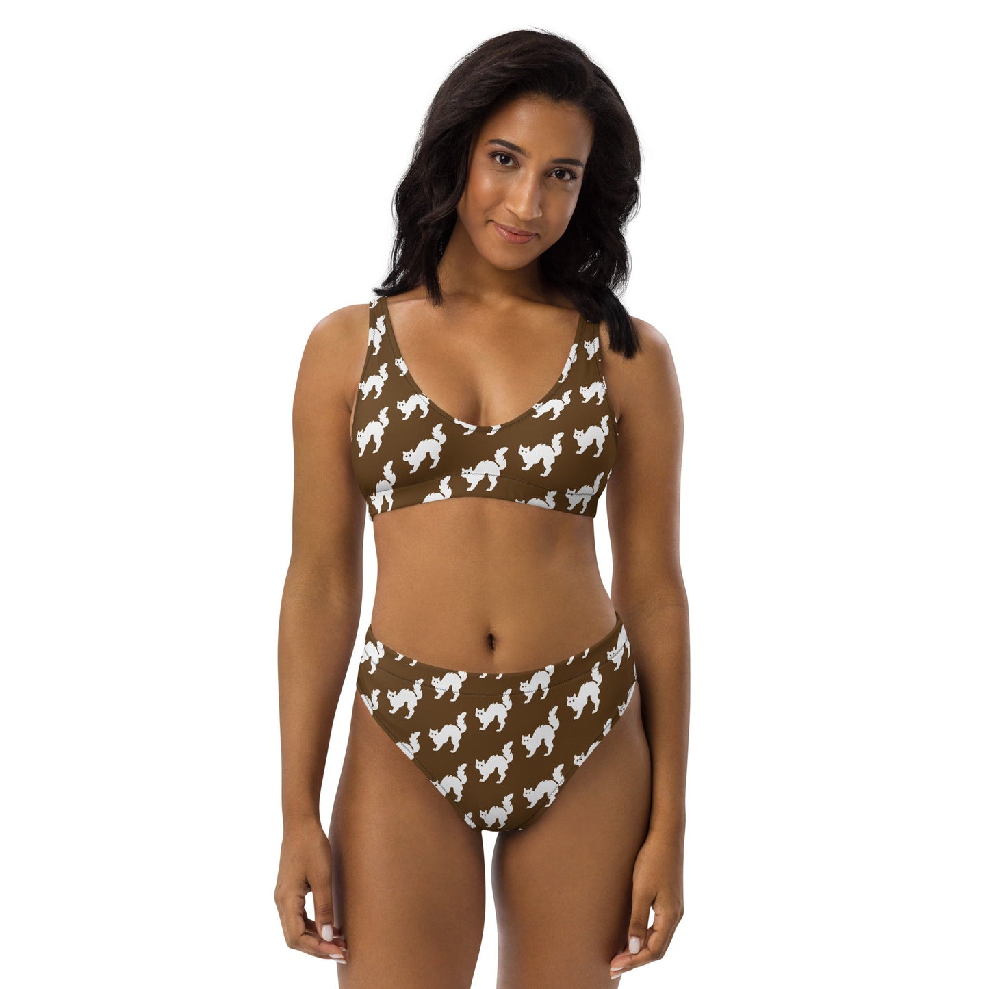 Women's high - waisted bikini Set White Cat Pattern Brown Two Piece Swimsuit Bathing Suit tummy control Bathing Suit - PratSN